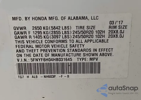 2017 Honda Pilot Elite z USA, uszkodzony, nr VIN 5FNYF6H04HB031645